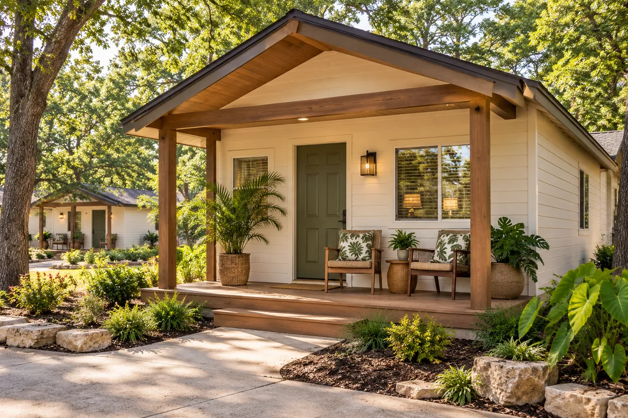 Bungalow model with a covered timber porch and tropical planting.