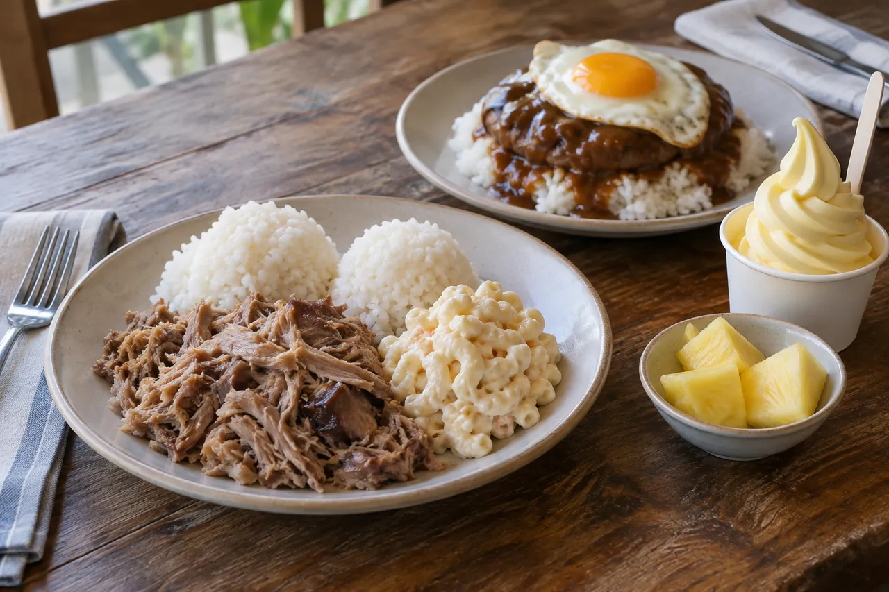 Concept illustration of Hawaiian dishes and pineapple dessert.