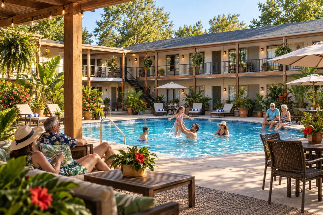 Concept illustration of a family enjoying a tropical pool at a remodeled courtyard motel.