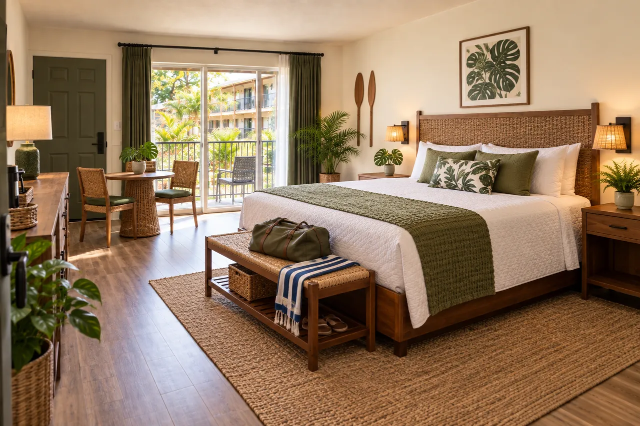 King room model with one bed, a table for two, and woven timber details.