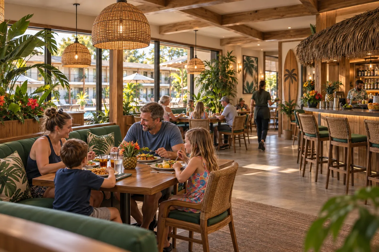 Concept illustration of family dining and a modest tropical lounge.