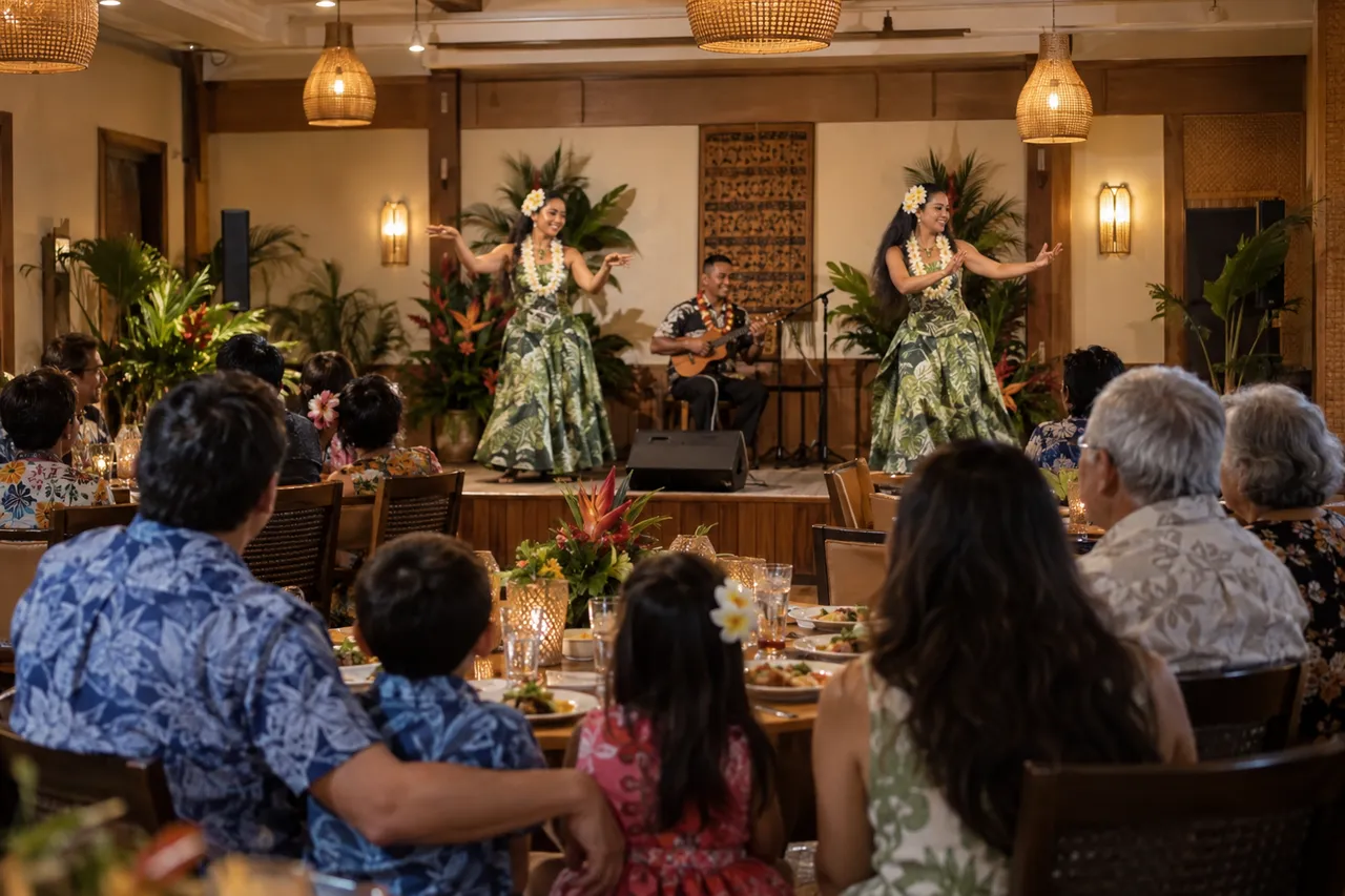 Concept illustration of families dining at an intimate Hawaiian luau.